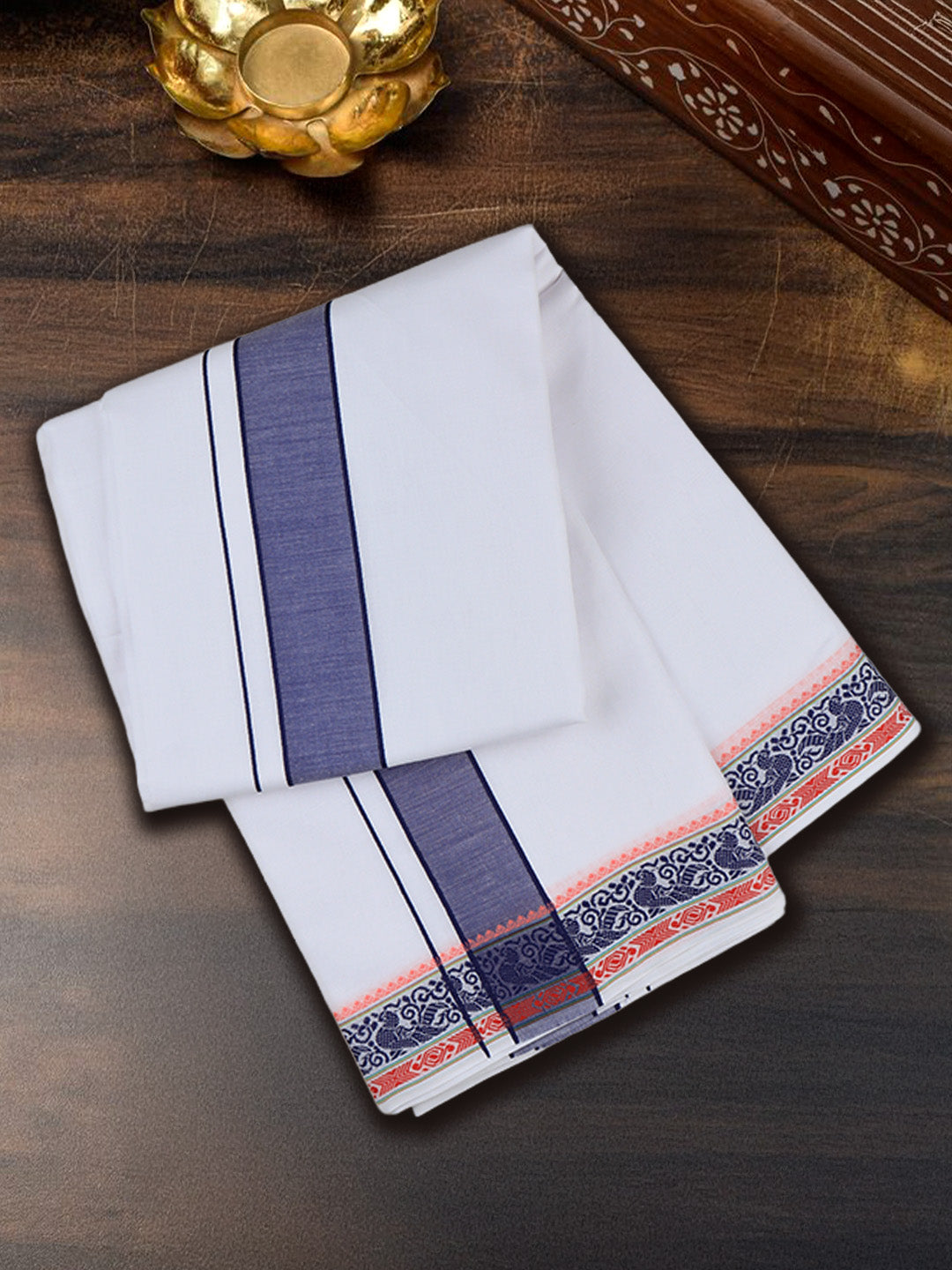 Men Cotton Navy Fancy Border Panchakacham with Angavasthram (9+5) JD11