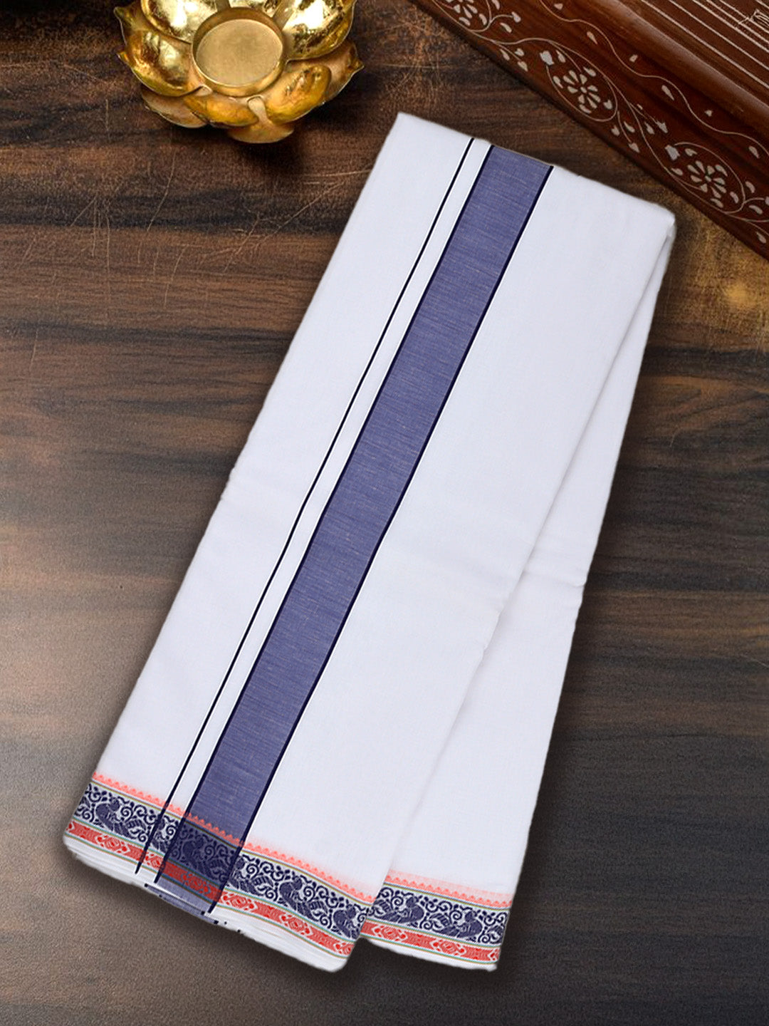 Men Cotton Navy Fancy Border Panchakacham with Angavasthram (9+5) JD11