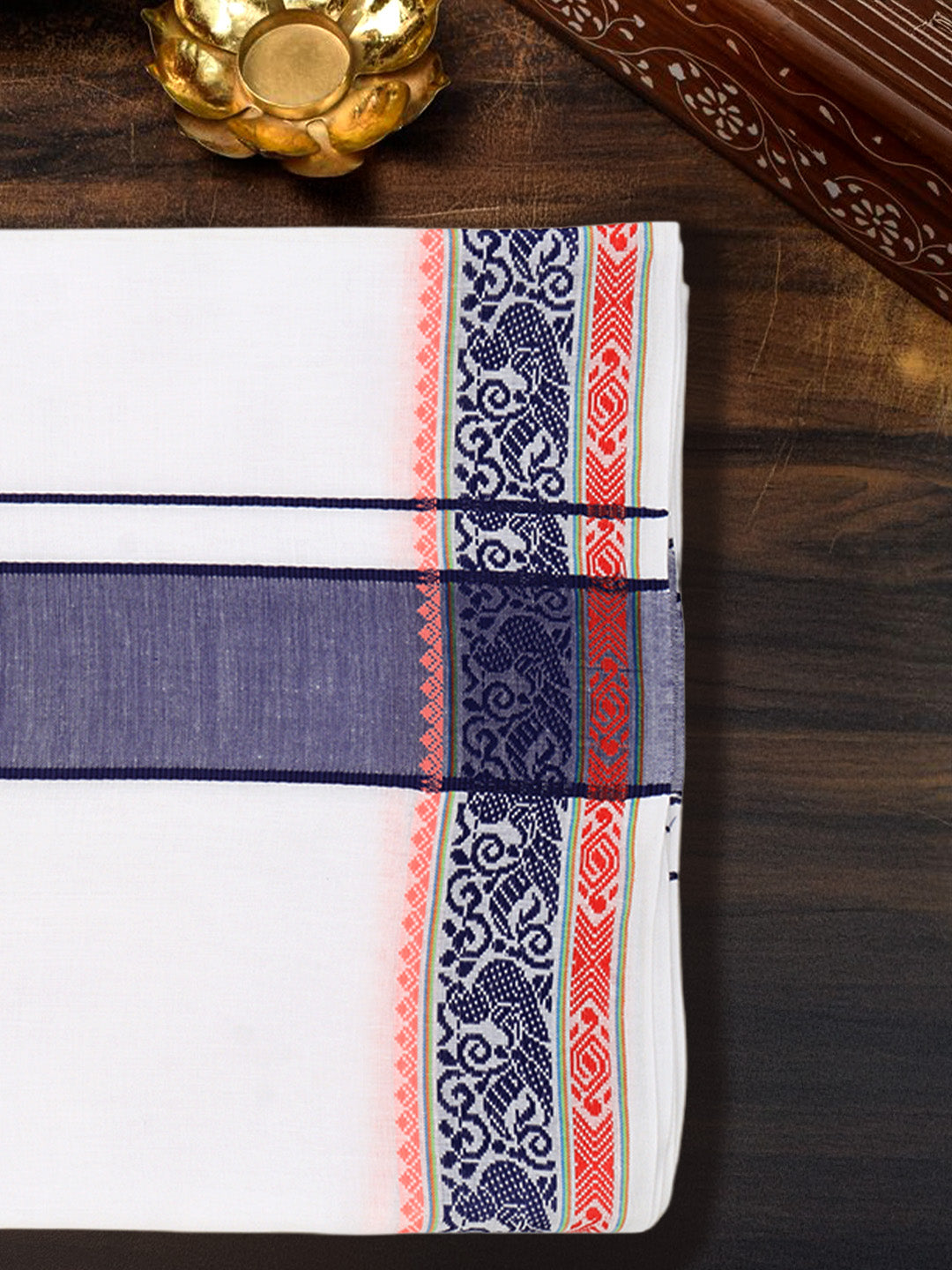 Men Cotton Navy Fancy Border Panchakacham with Angavasthram (9+5) JD11