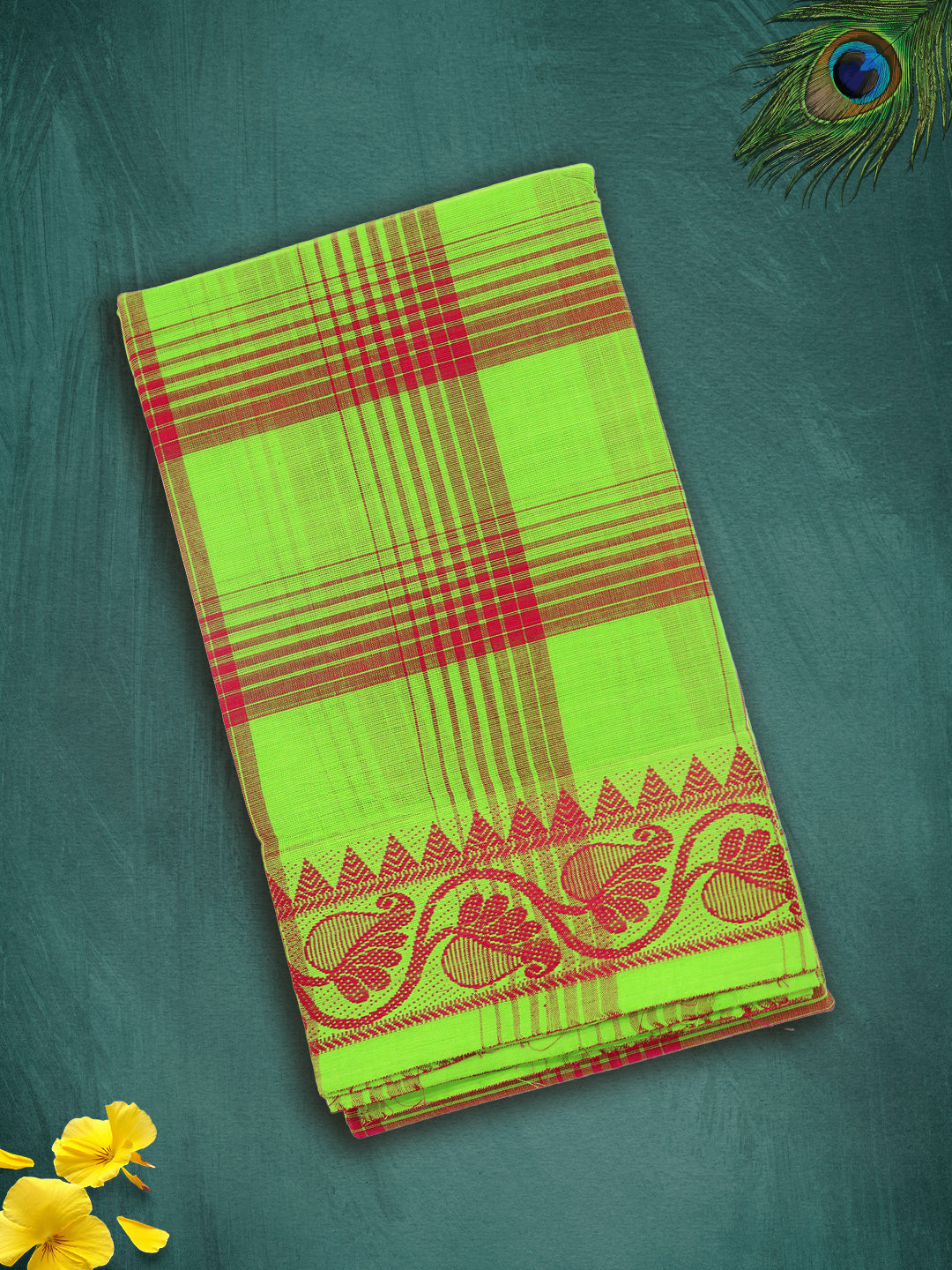 Women Parrot Green Checks Pure Chettinad Cotton Saree PCS232