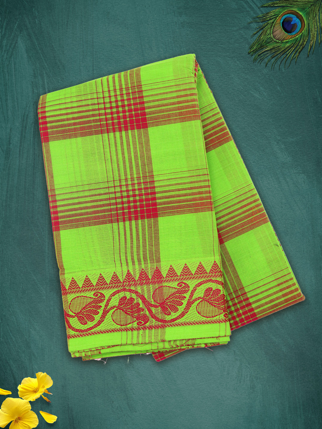 Women Parrot Green Checks Pure Chettinad Cotton Saree PCS232