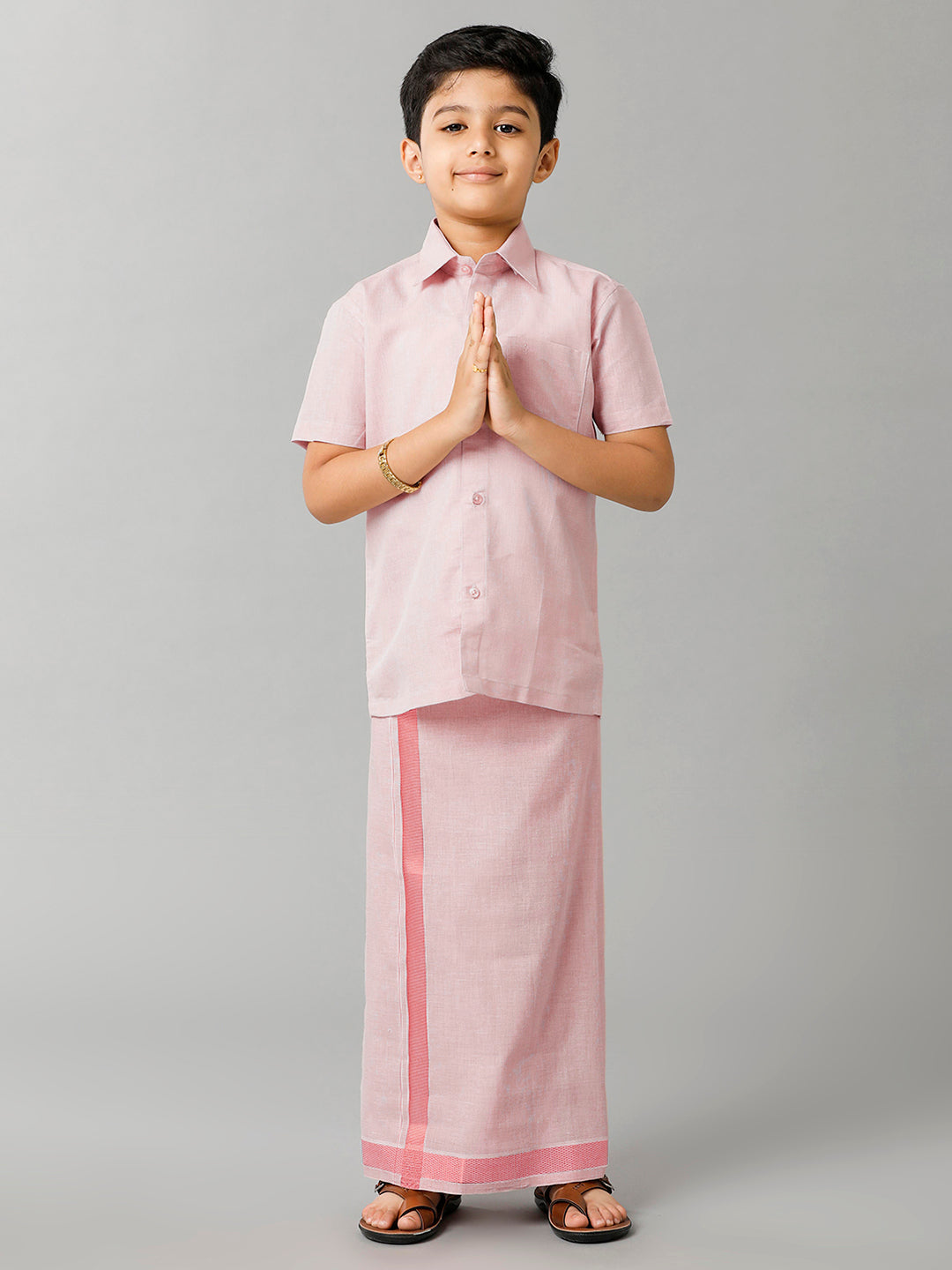 Boys Tissue Jari Half Sleeve Shirt Dhoti Set Sankalpam Rose Gold