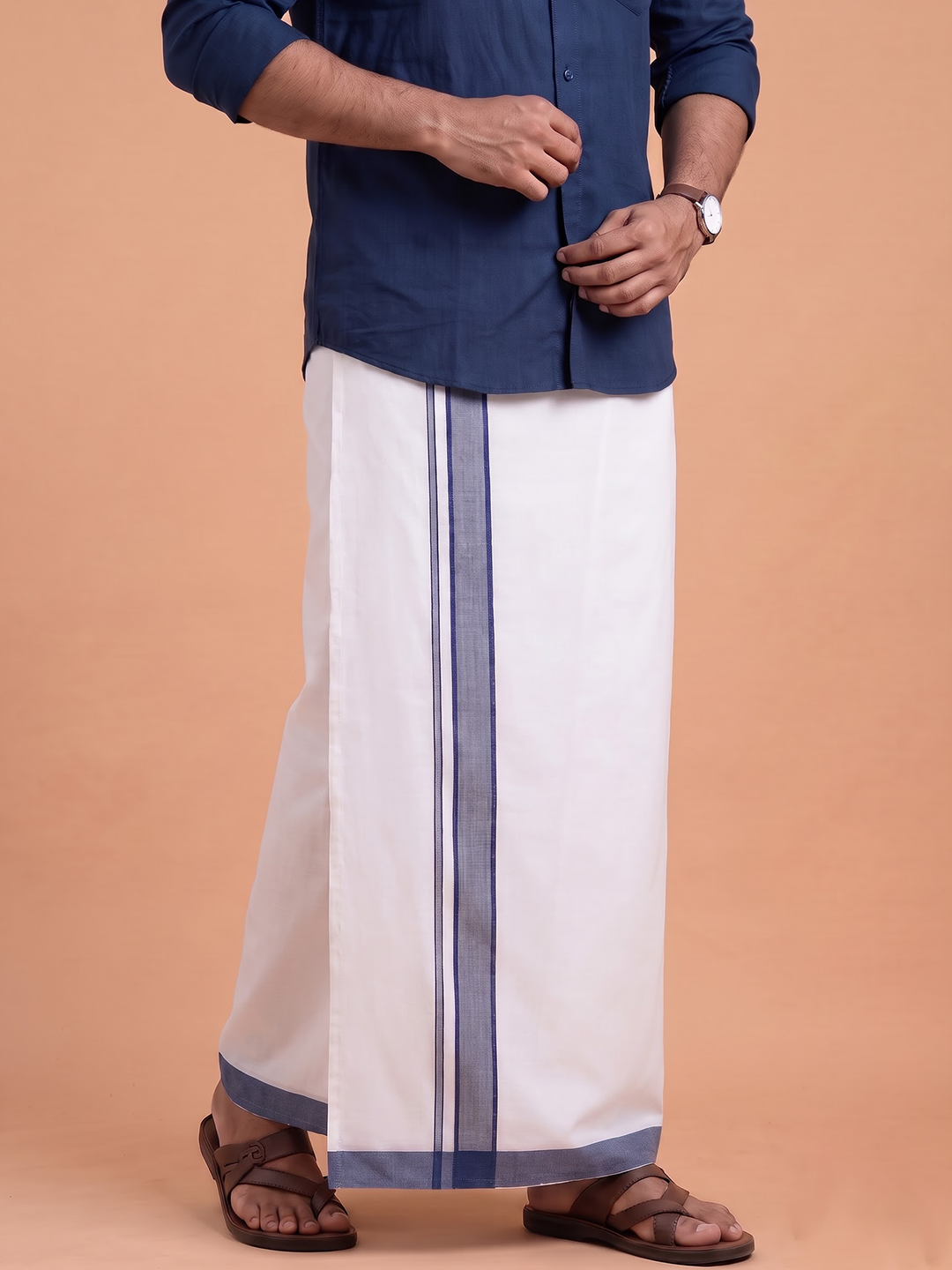Double Layer 100% Cotton White Dhoti With Navy Border - RP12