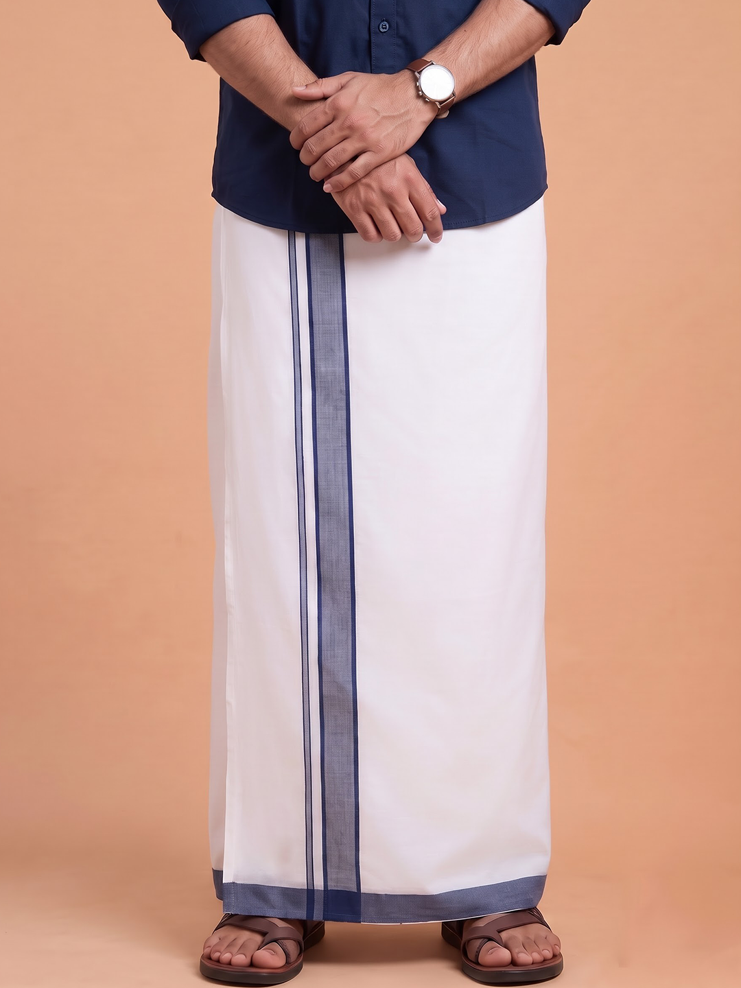 Double Layer 100% Cotton White Dhoti With Navy Border - RP12