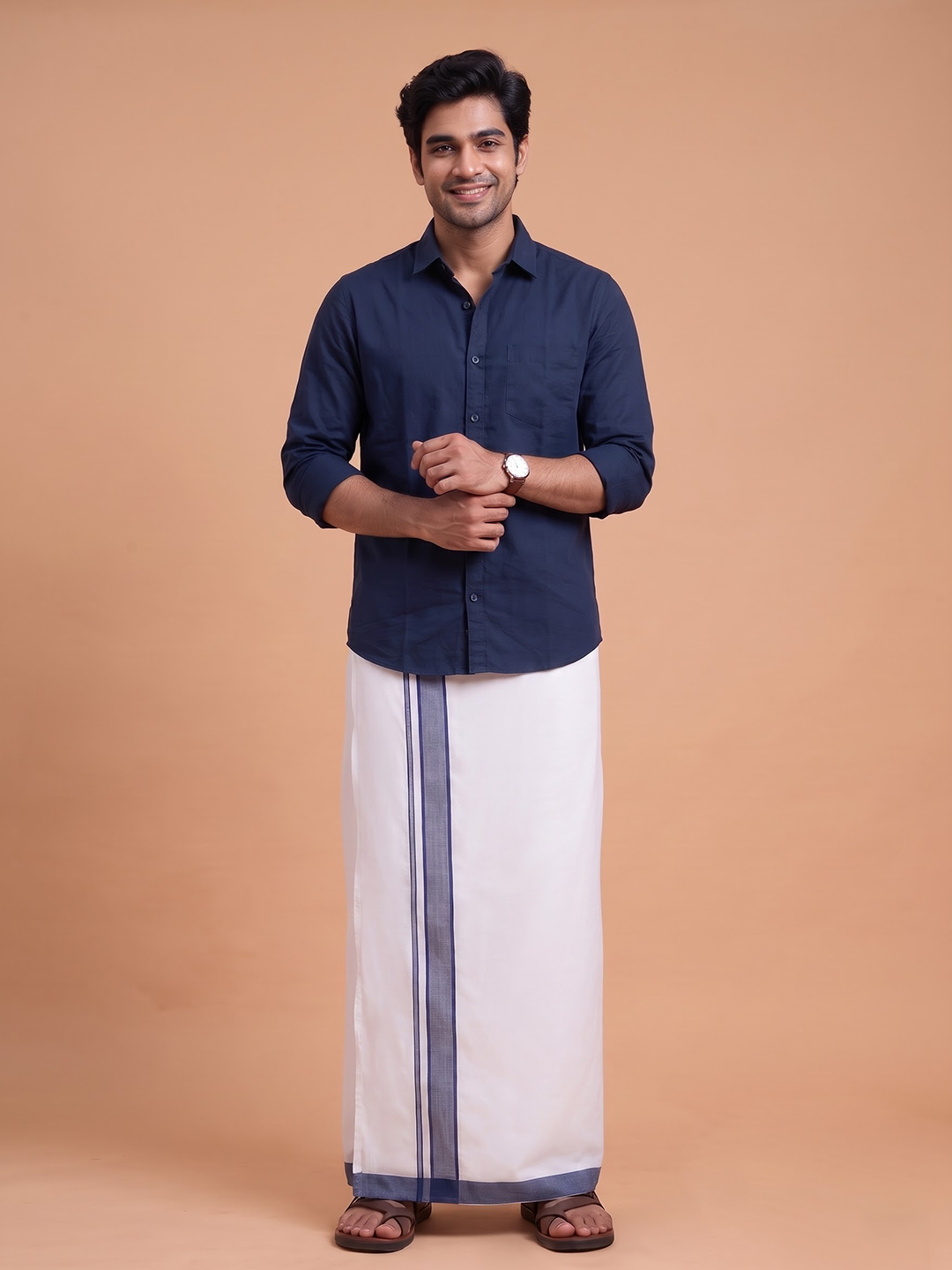 Double Layer 100% Cotton White Dhoti With Navy Border - RP12