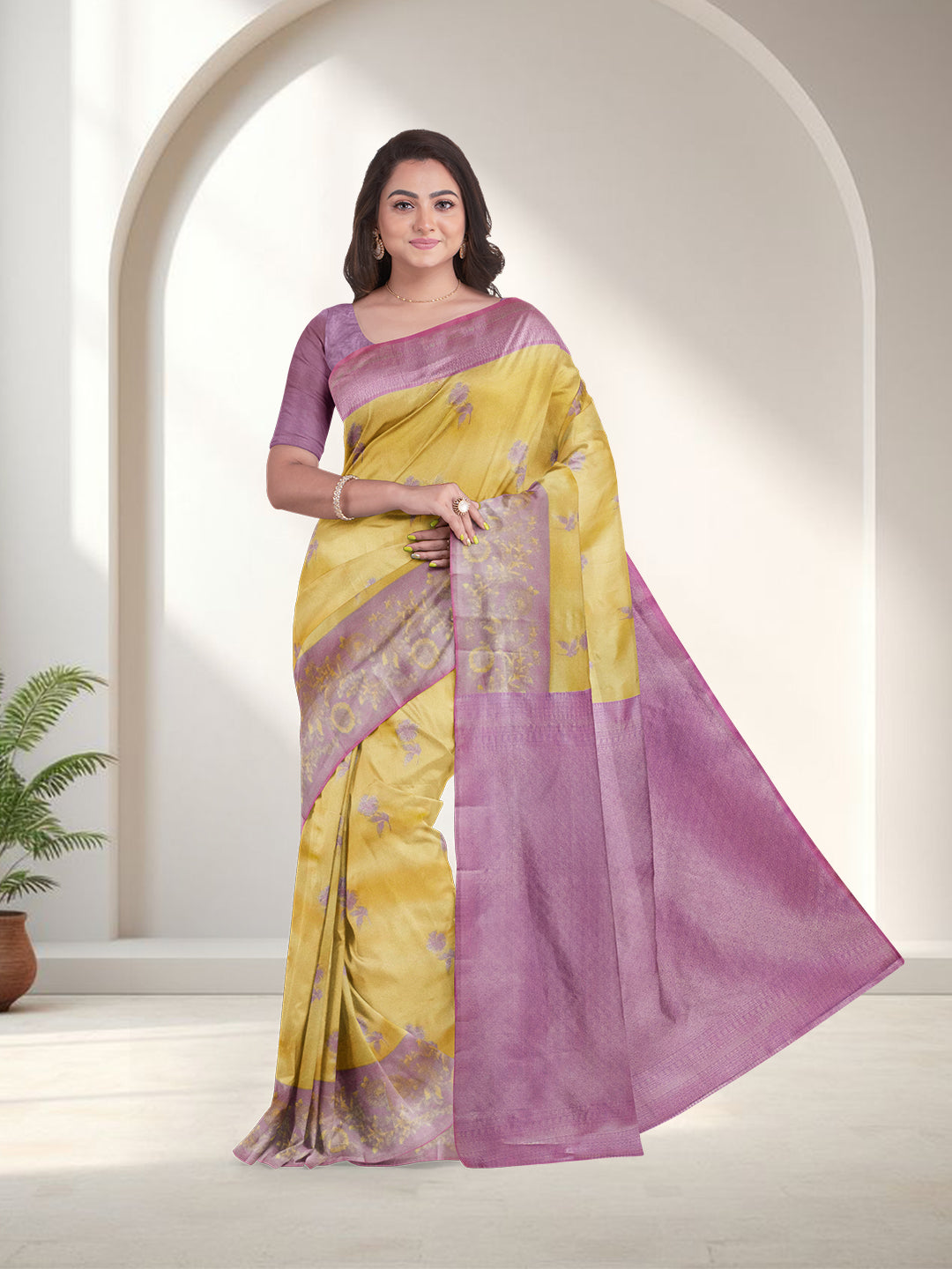 Women Yellow with Purple Art Silk Saree ASS104