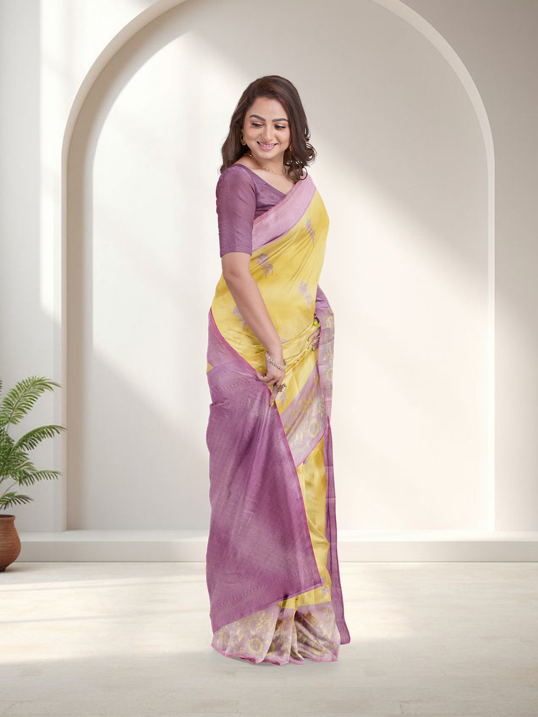 Women Yellow with Purple Art Silk Saree ASS104