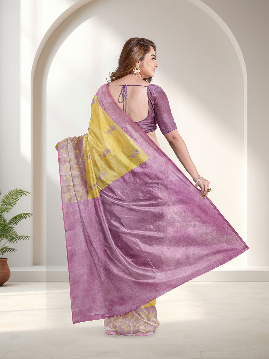 Women Yellow with Purple Art Silk Saree ASS104