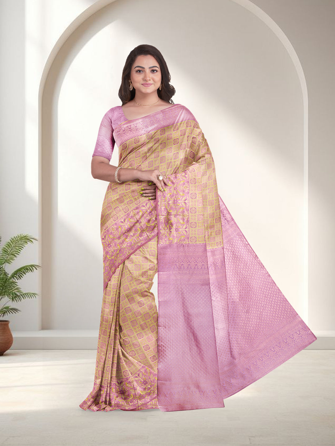 Women Yellow with Purple Art Silk Saree ASS100