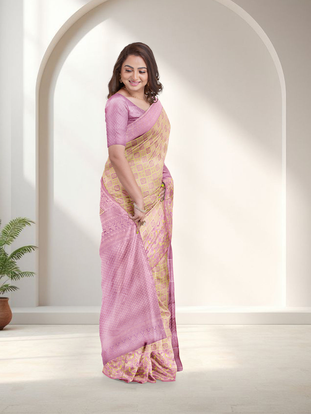 Women Yellow with Purple Art Silk Saree ASS100
