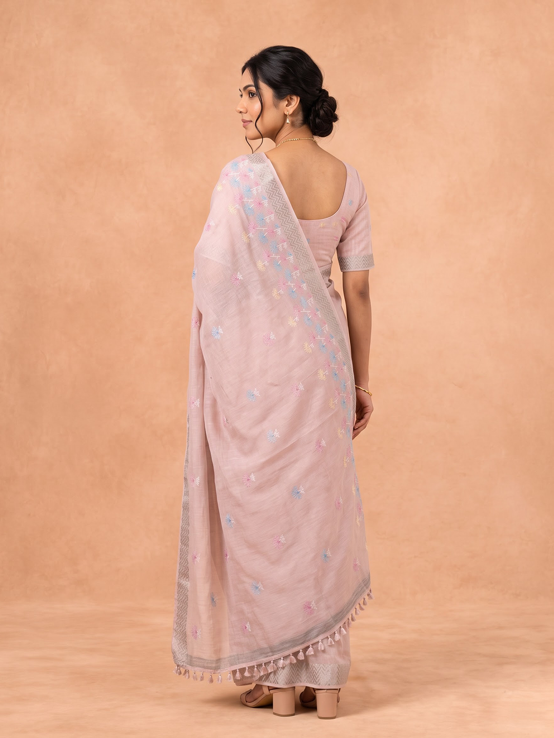 Women Semi Linen Peach Embroidered Saree SL278