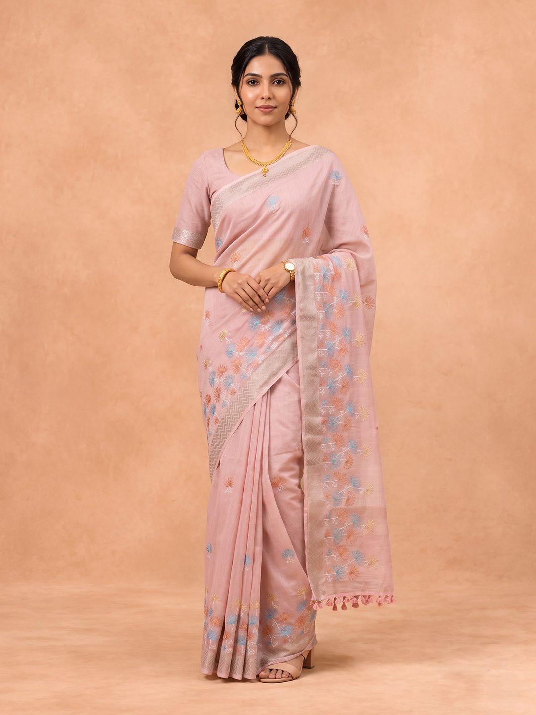 Women Semi Linen Lite Pink Embroidered Saree SL280