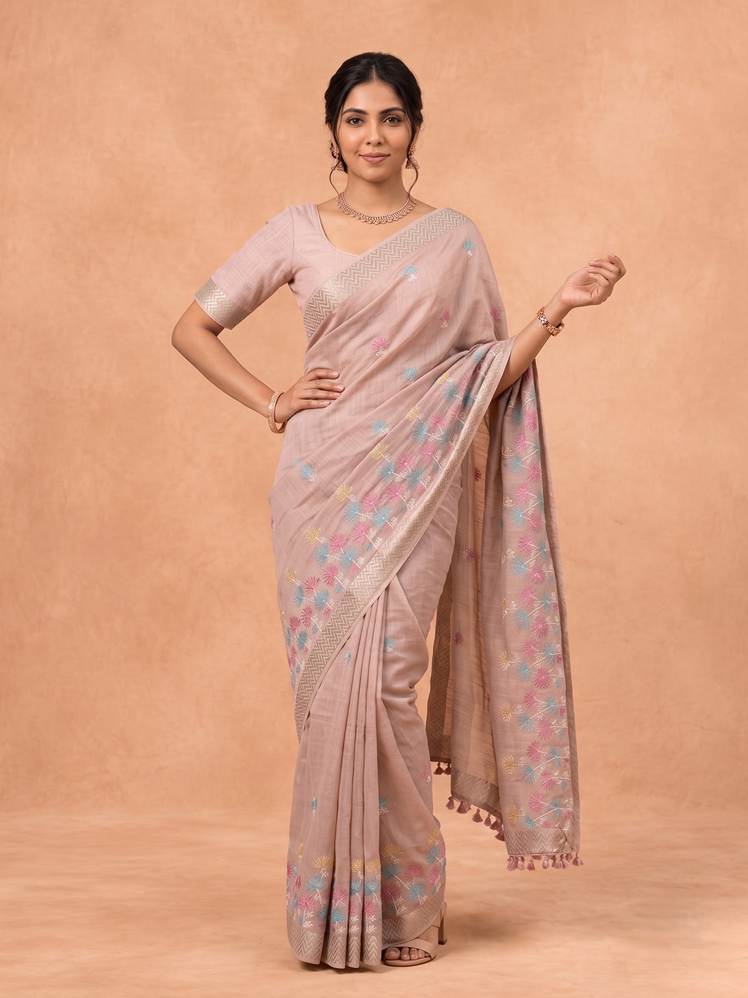 Women Semi Linen Peach Embroidered Saree SL277