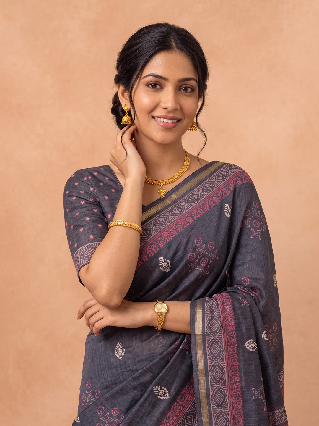 Women Semi Tussar Dark Grey Saree ST382
