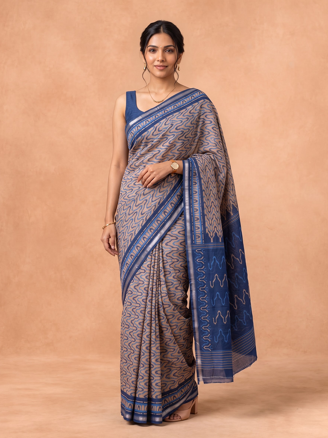 Women Semi Tussar Brown With Blue Saree ST388