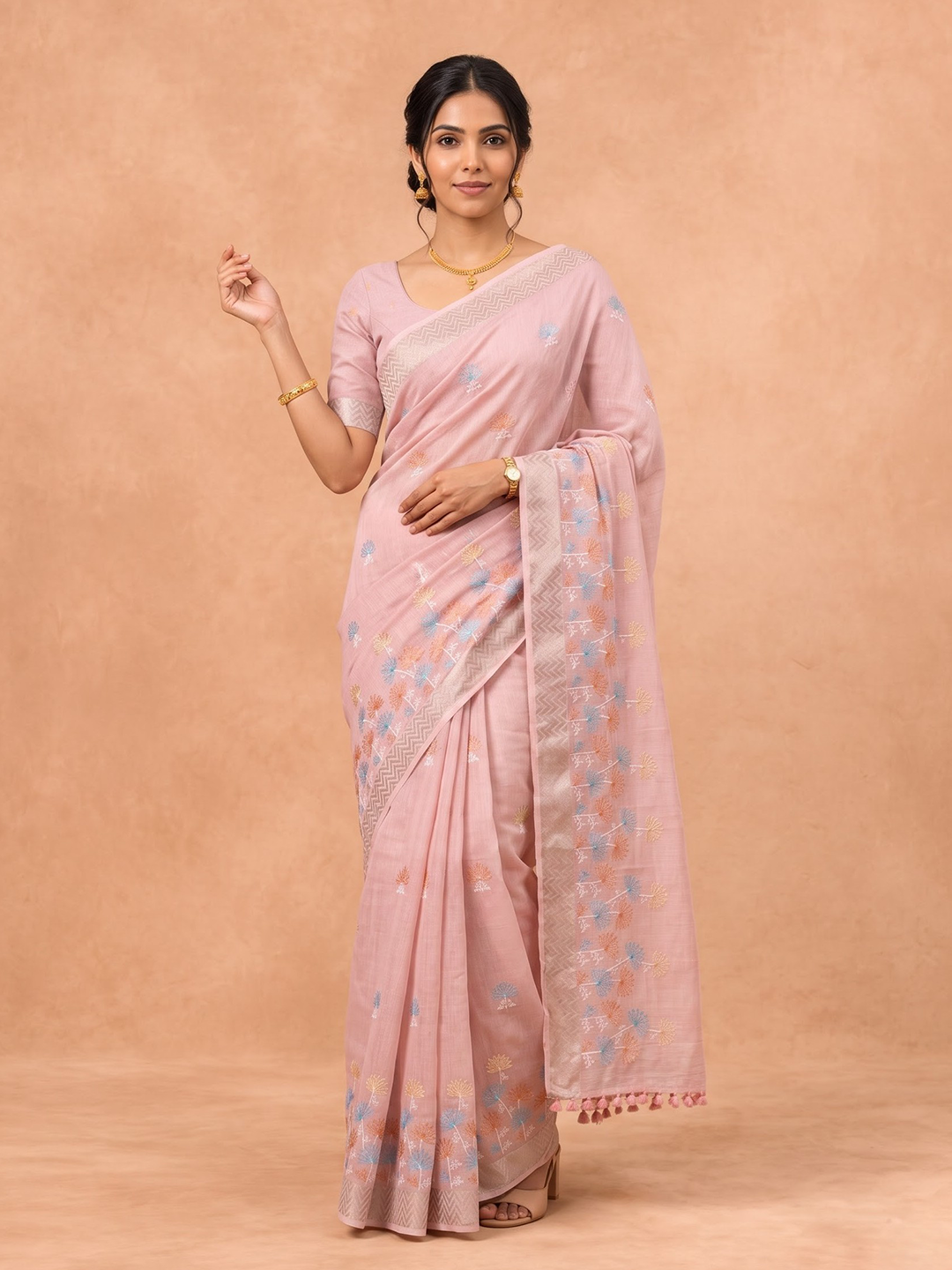 Women Semi Linen Lite Pink Embroidered Saree SL280