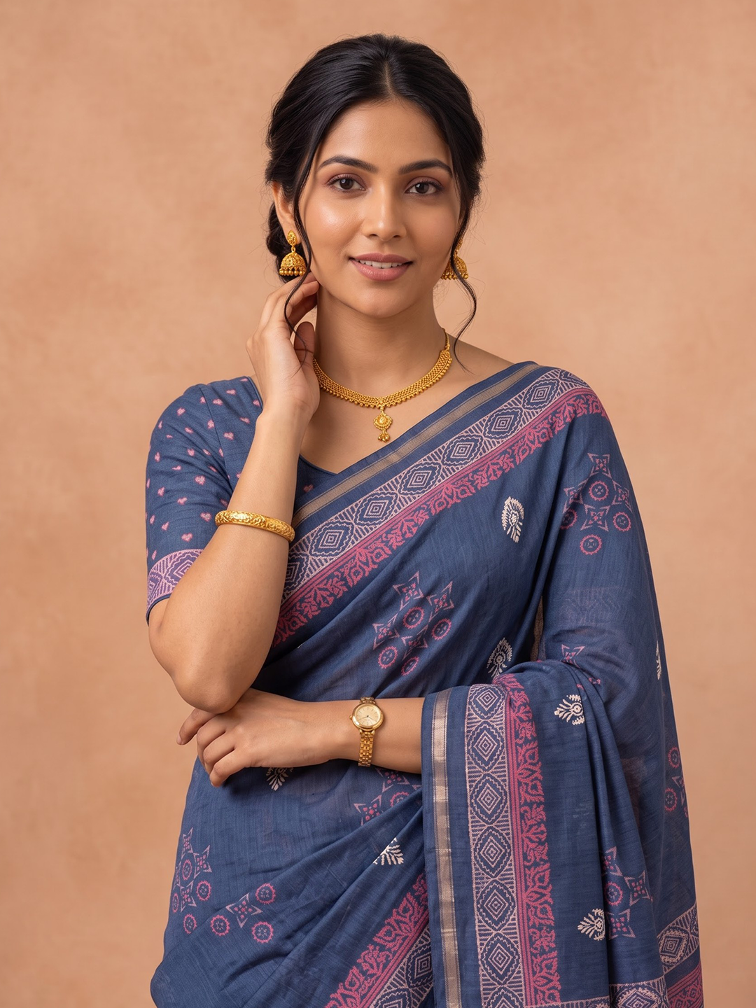 Women Semi Tussar Navy Saree ST383