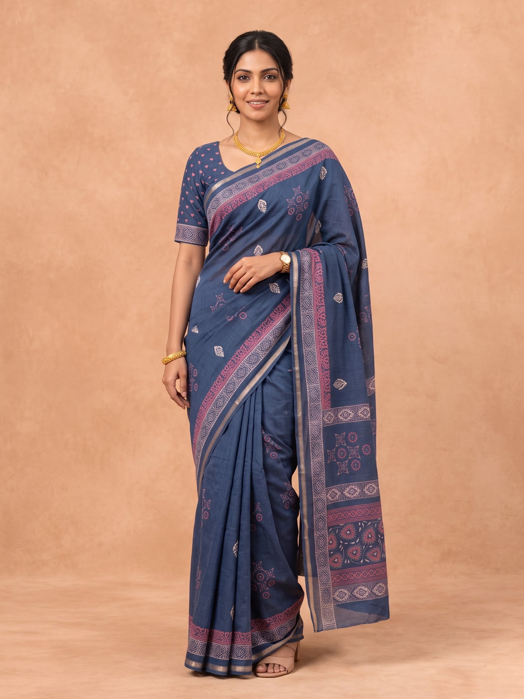 Women Semi Tussar Navy Saree ST383