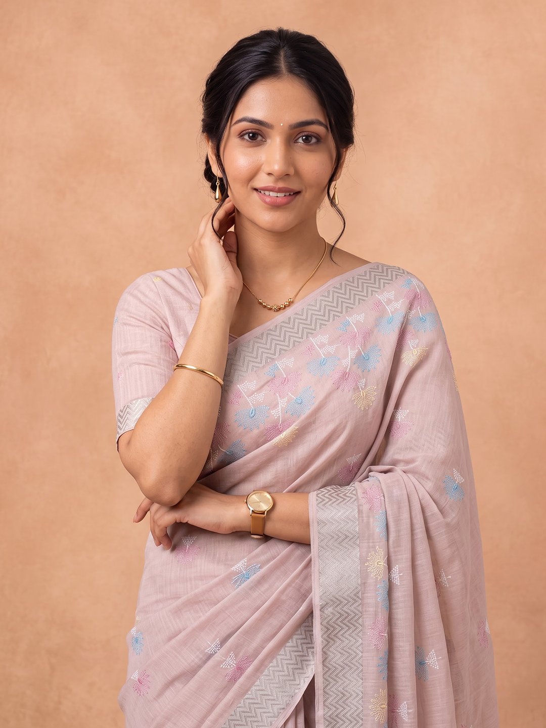 Women Semi Linen Peach Embroidered Saree SL278