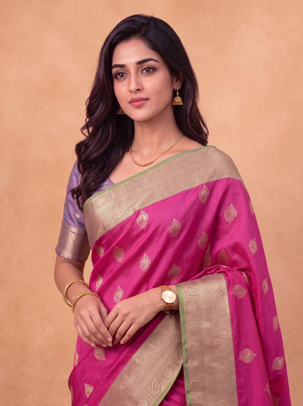 Women Soft Silk Dark Pink With Green Saree SS425