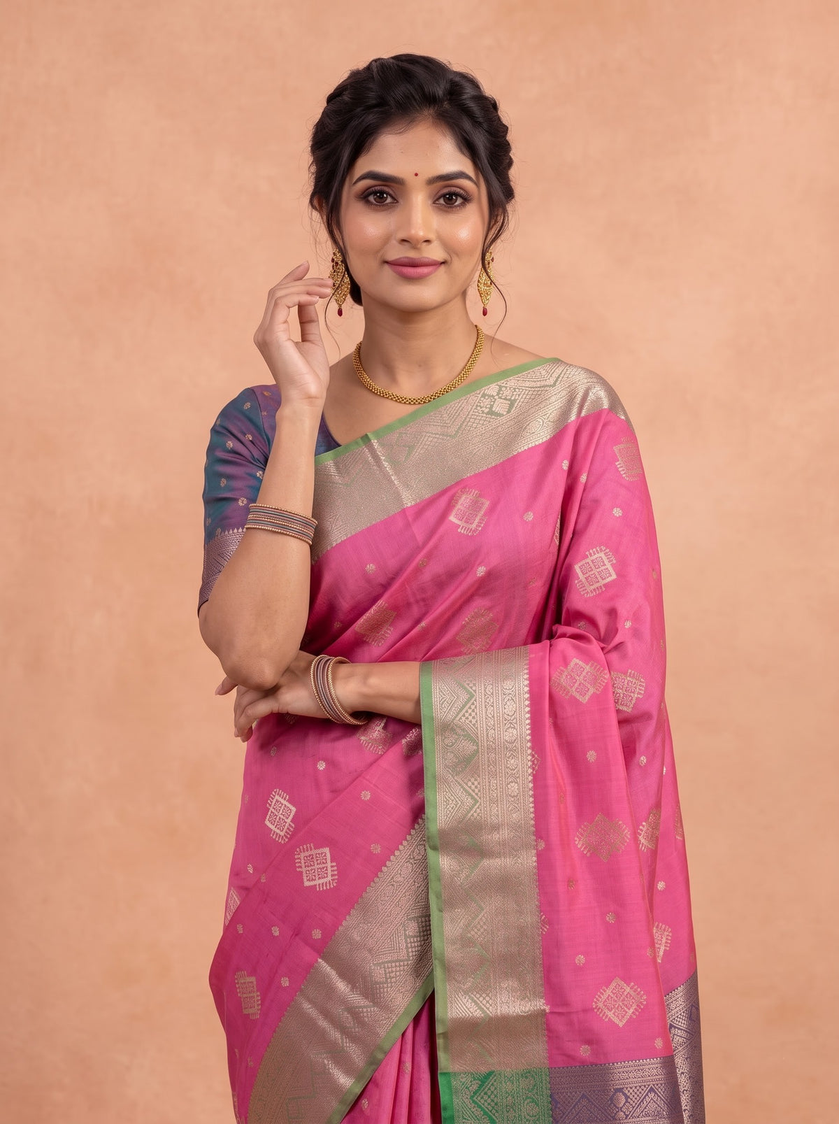 Women Soft Silk Pink with Green Saree SS450