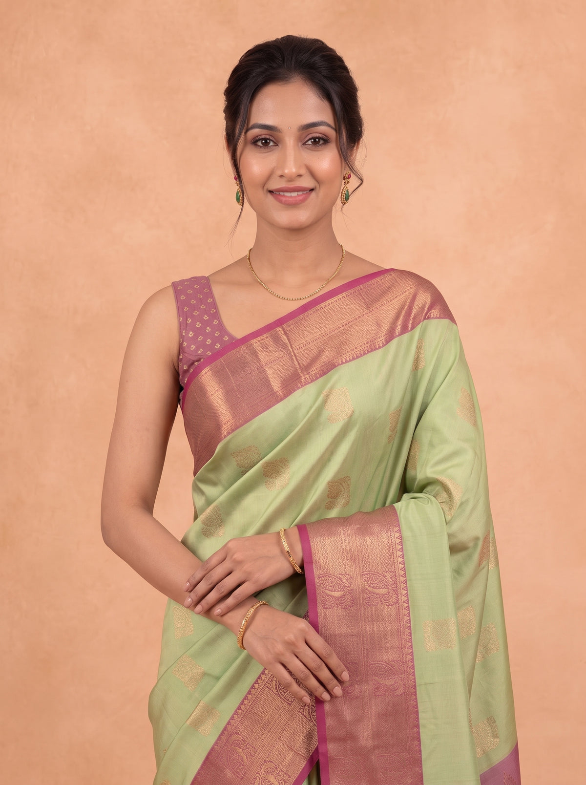 Women Soft Silk Pista Green With Dark Pink Saree SS478