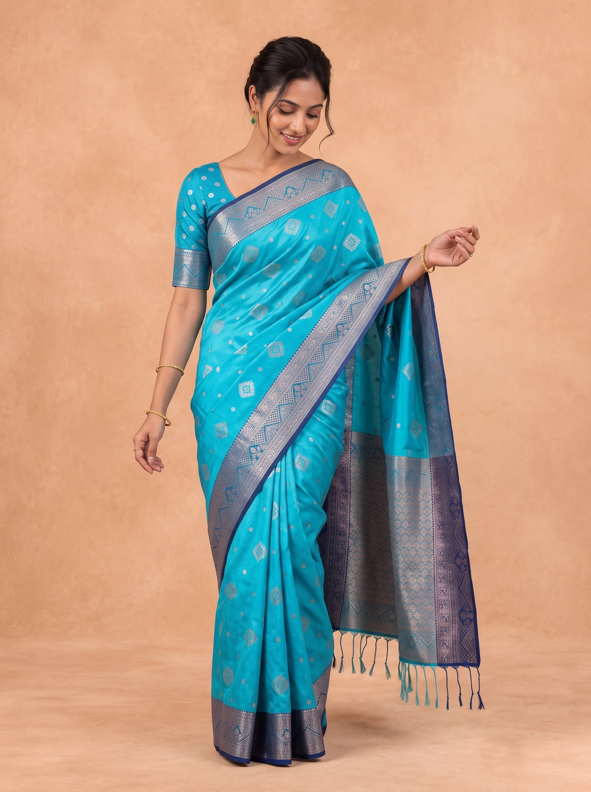 Women Soft Silk Turquoise With Dark Blue SS444