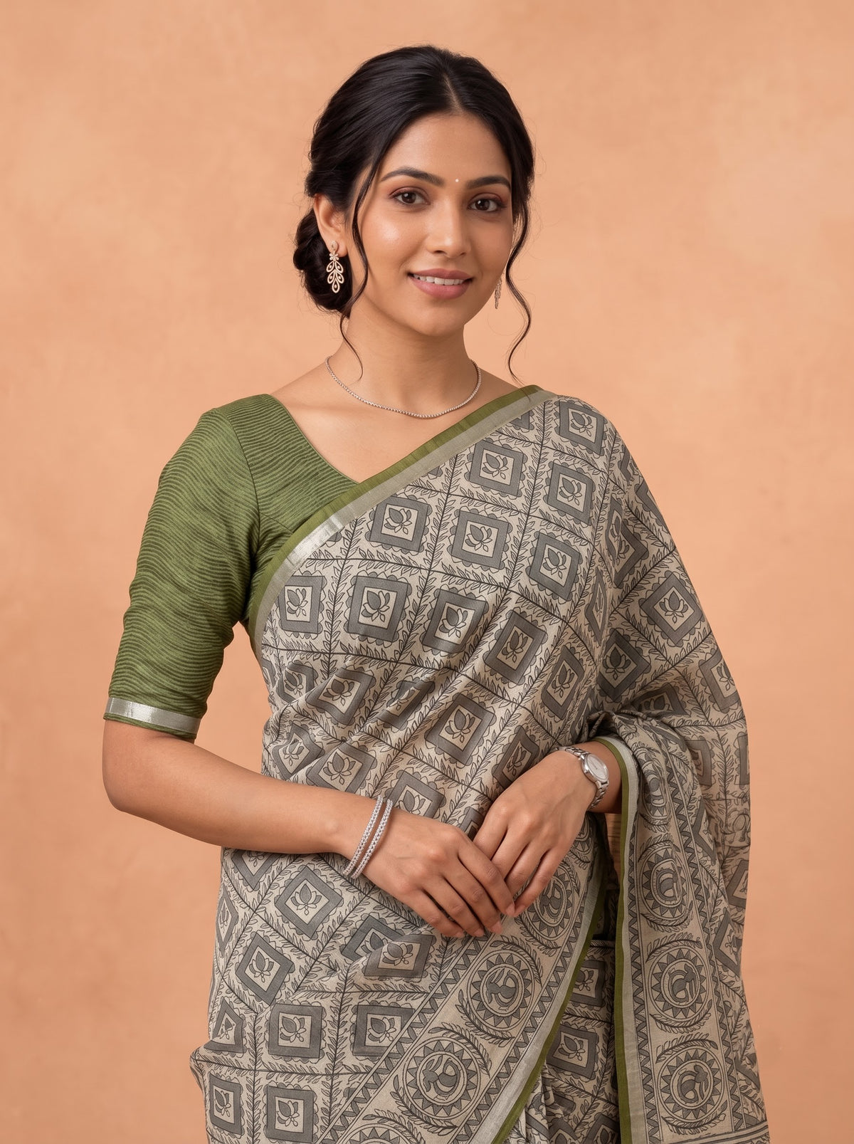 Women Semi Tussar Olive Green Saree ST378
