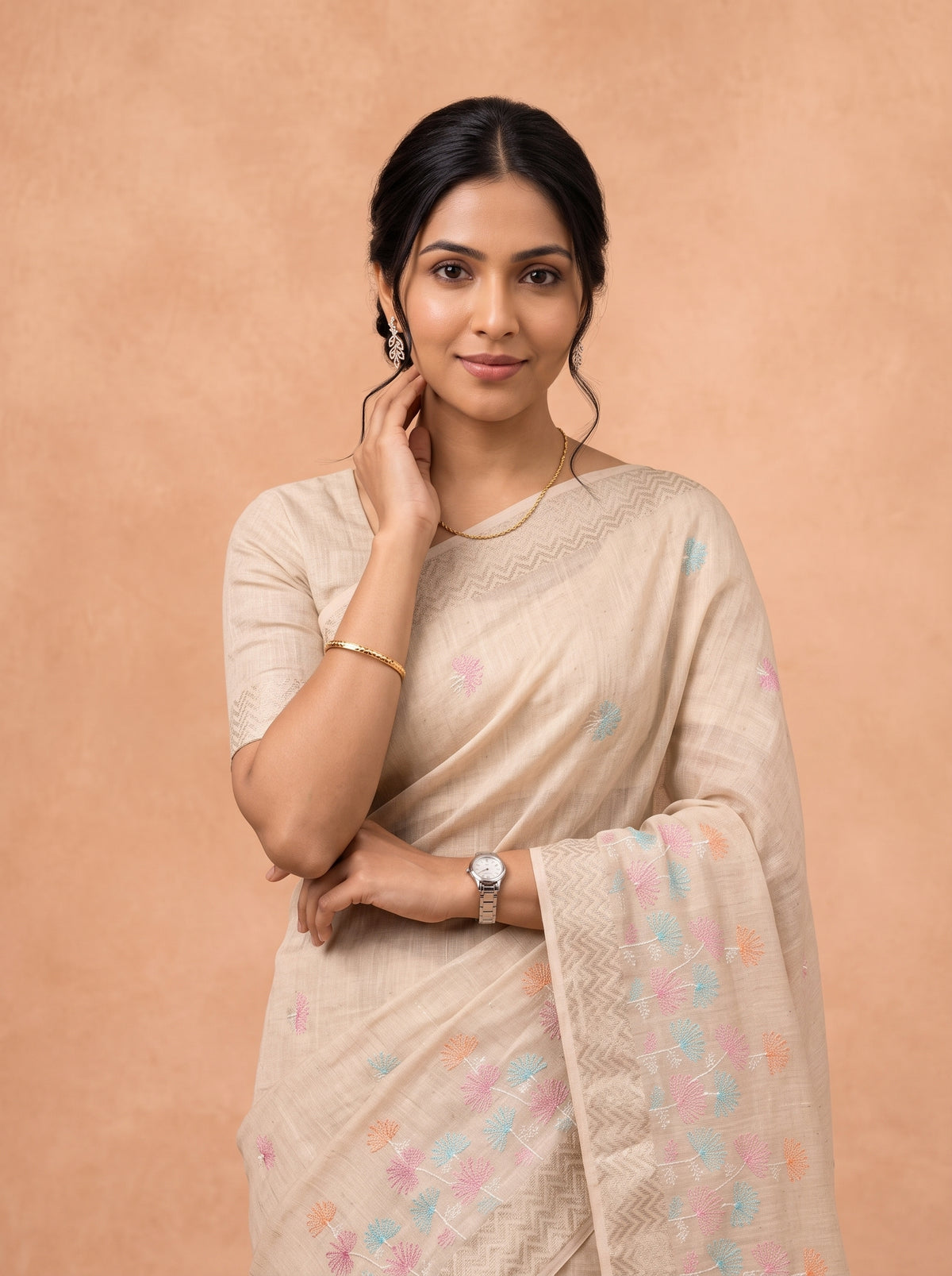 Women Semi Linen Beige Embroidered Saree SL281
