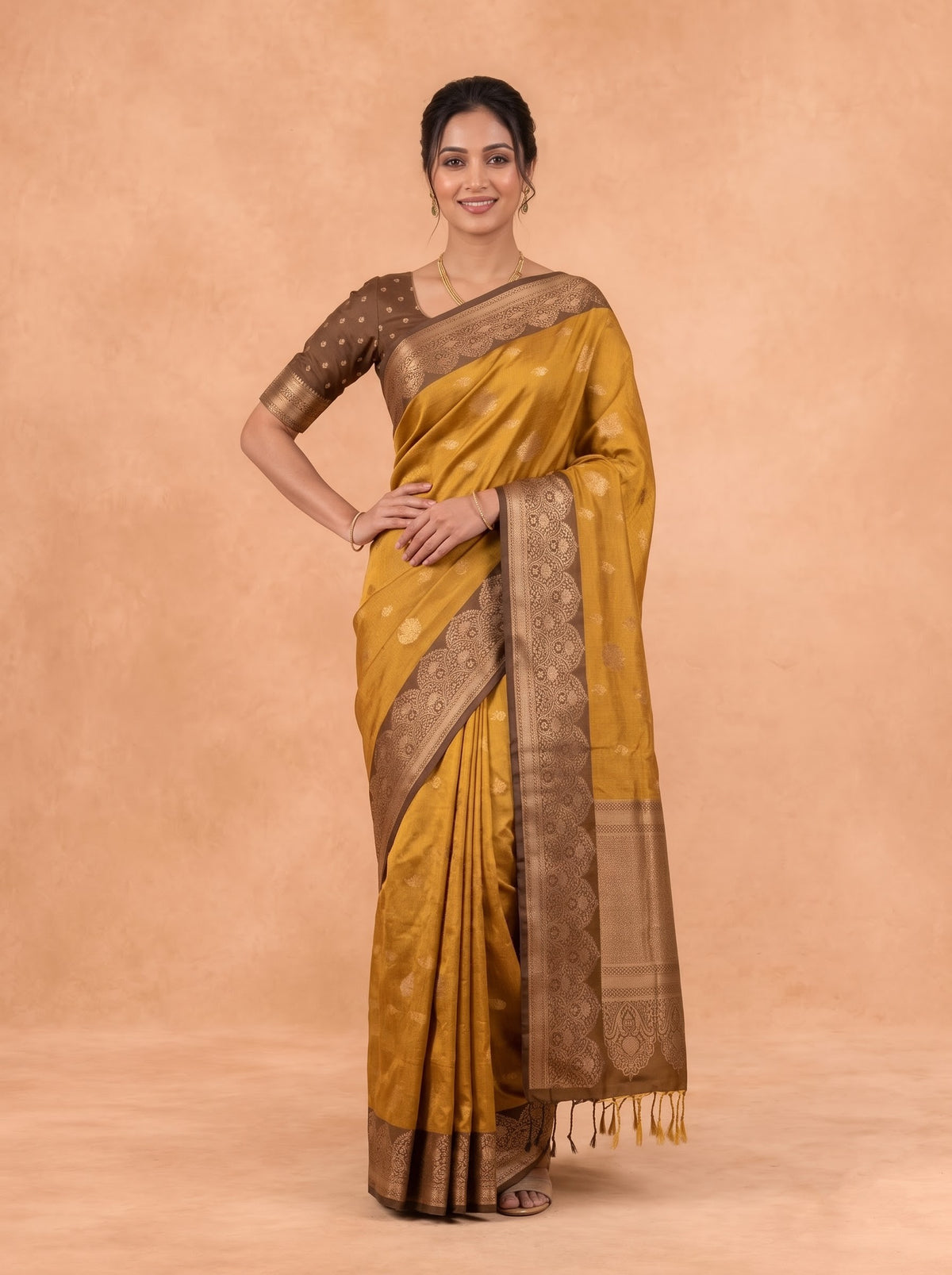 Women Soft Silk Mustard With Brown Saree SS472