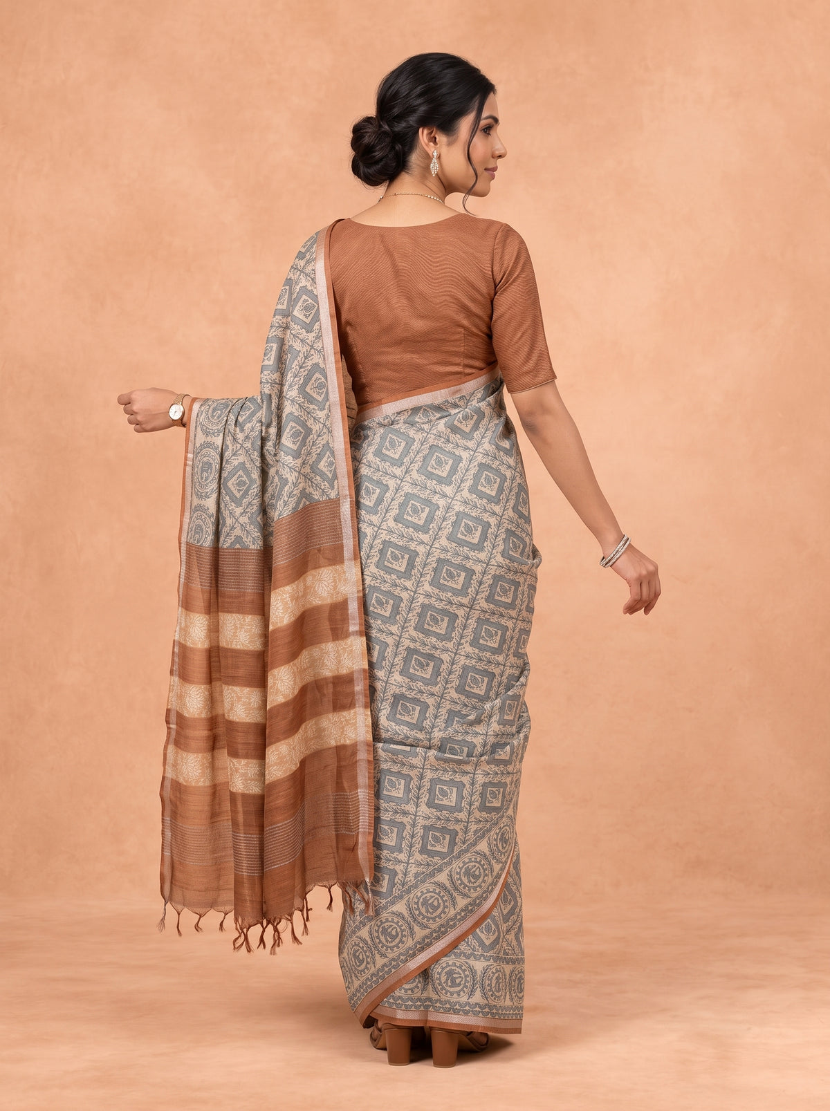 Women Semi Tussar Brown Saree ST373