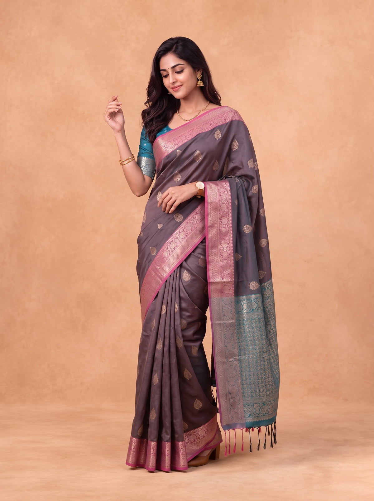 Women Soft Silk Dark Purple With Green Saree SS430