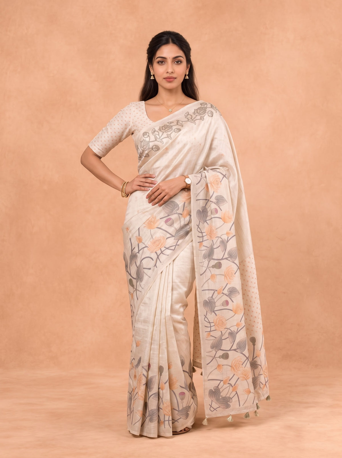 Women Cotton Beige Printed Saree PCS308