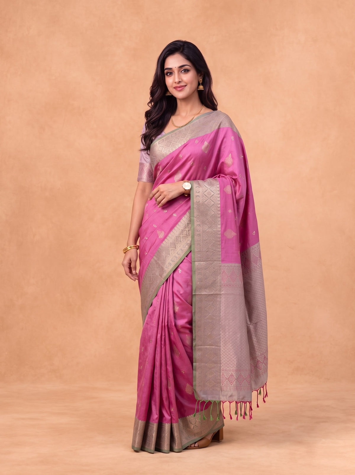 Women Soft Silk Pink With Green Saree SS441