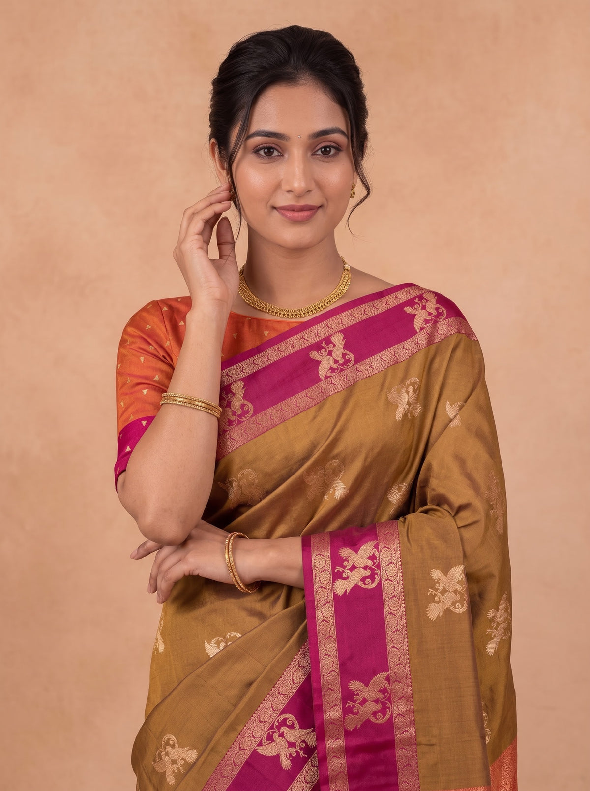 Women Soft Silk Brown With Orange Saree SS497