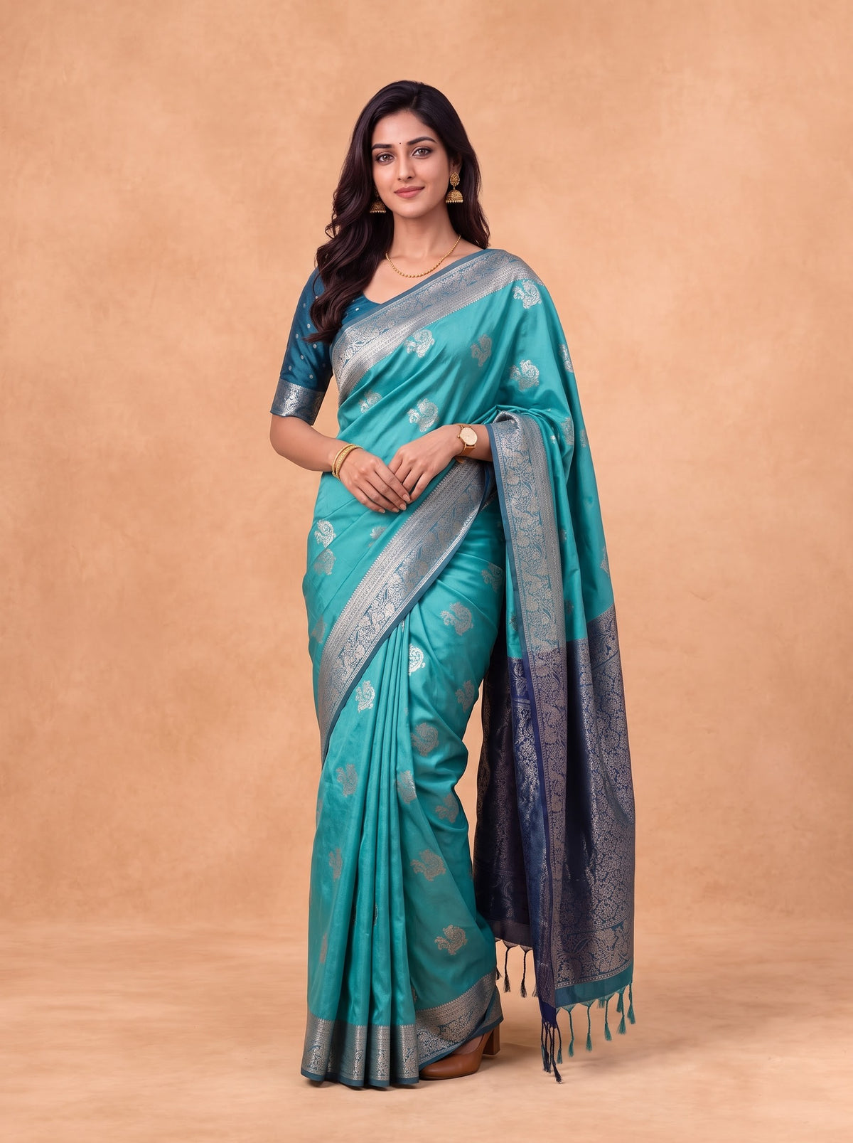 Women Soft Silk Dark Turquoise With Blue Saree SS432