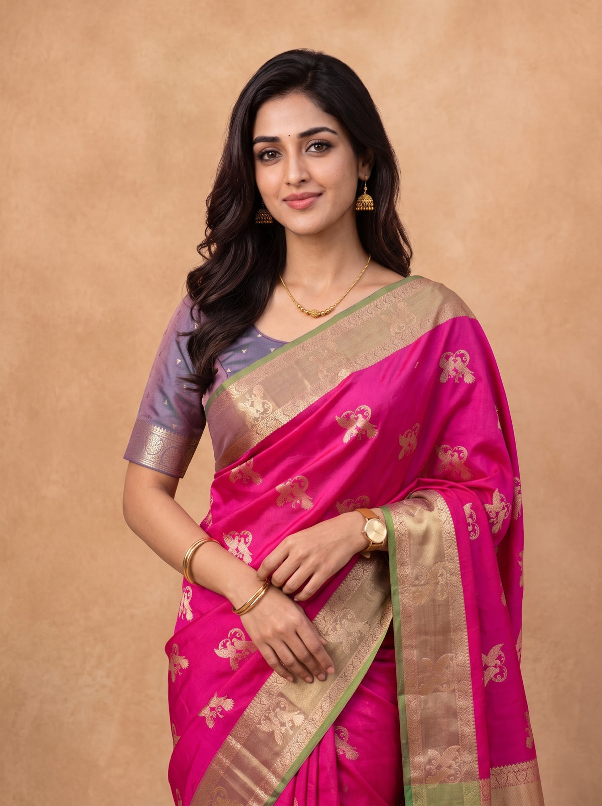 Women Soft Silk Pink With Green Saree SS427