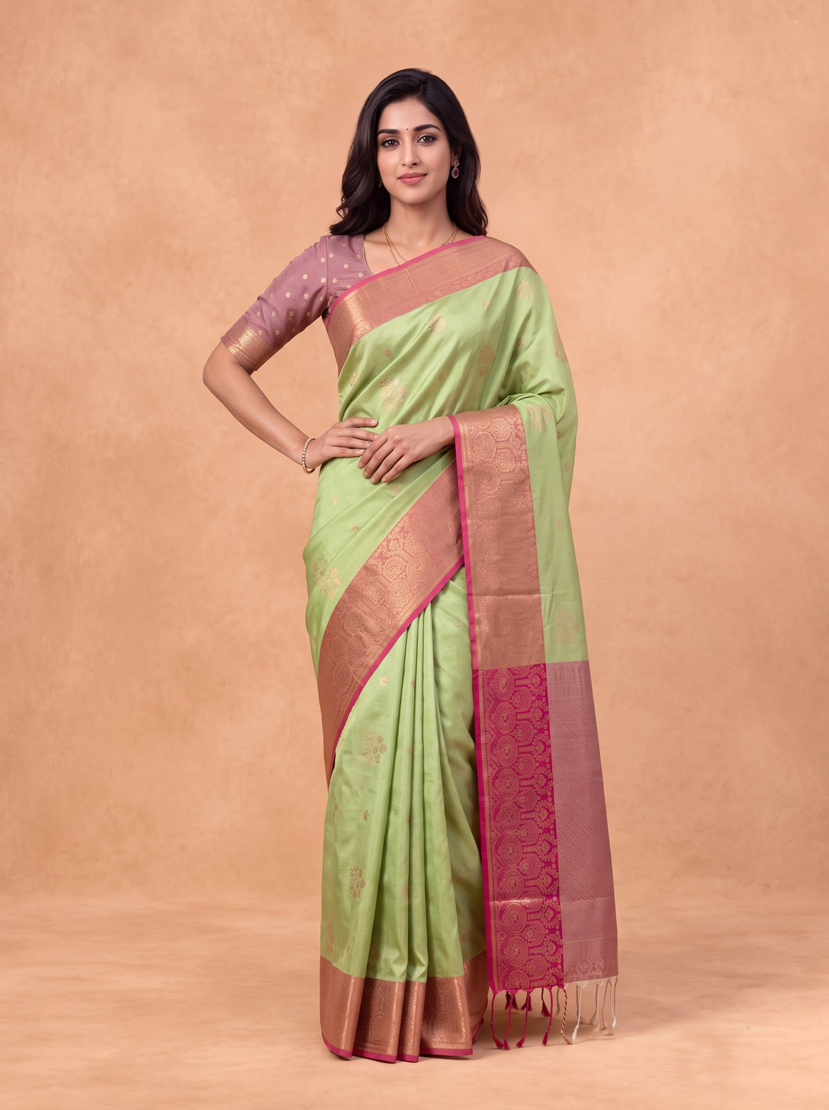 Women Soft Silk Pista Green with Pink Saree SS431