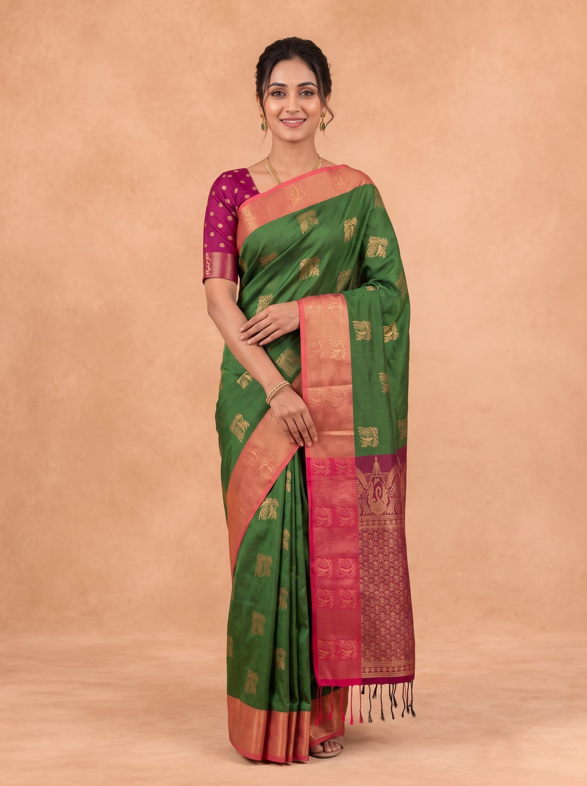 Women Soft Silk Olive Green with Pink Saree SS459