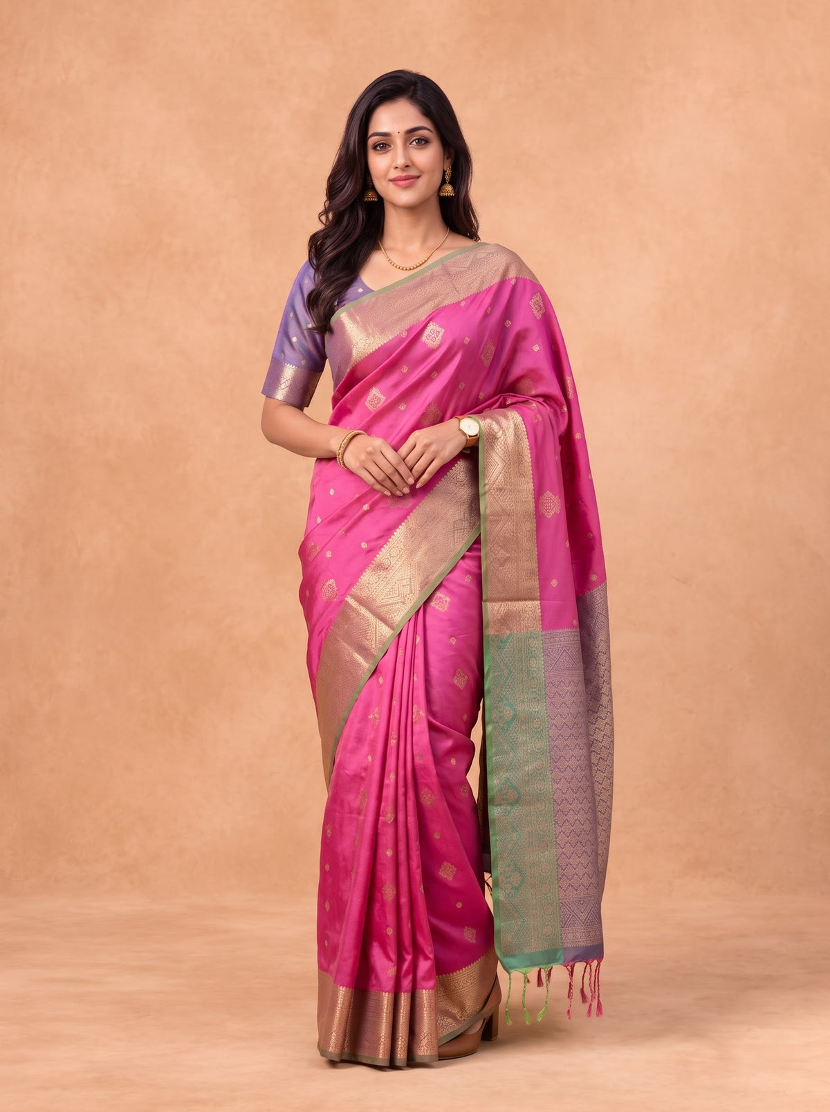 Women Soft Silk Pink Saree With Green SS434