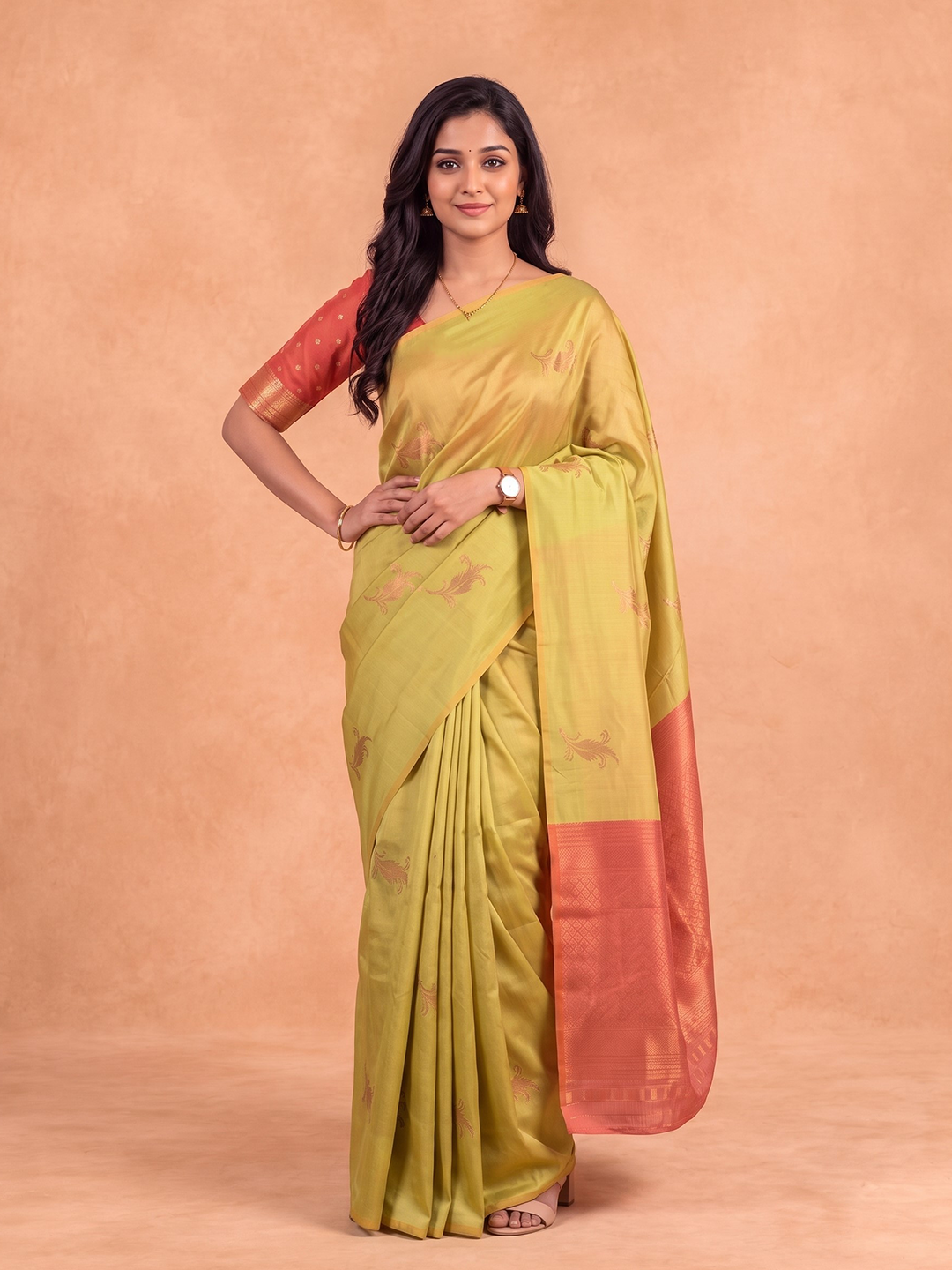 Women Soft Silk Lime Green with Pink Saree SS530
