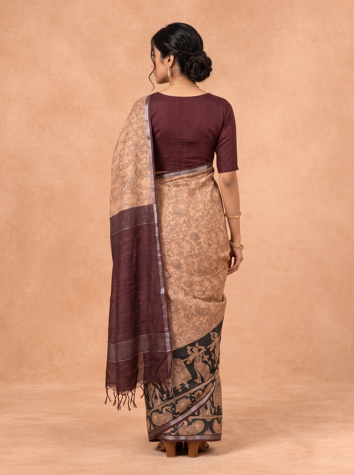 Women Semi Tussar Brown Saree ST377