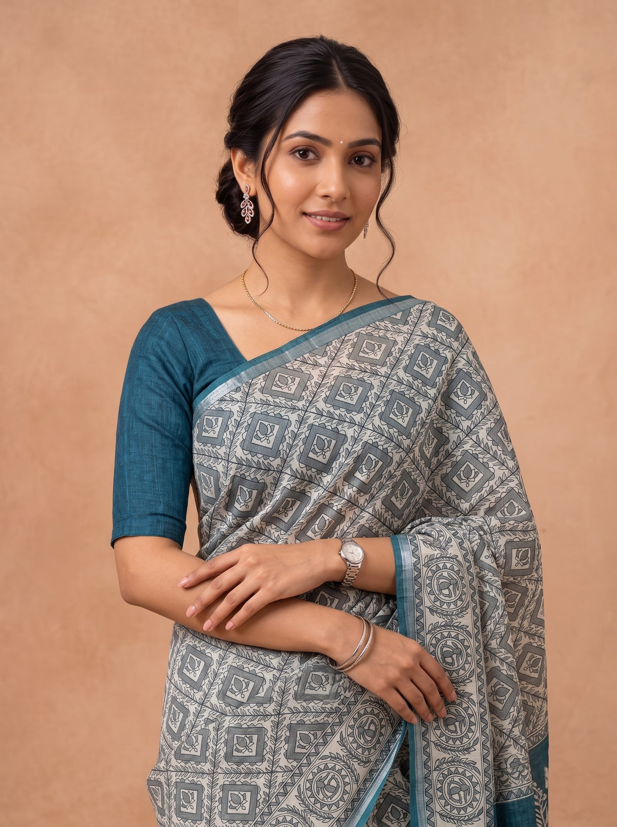 Women Semi Tussar Teal Green Saree ST374