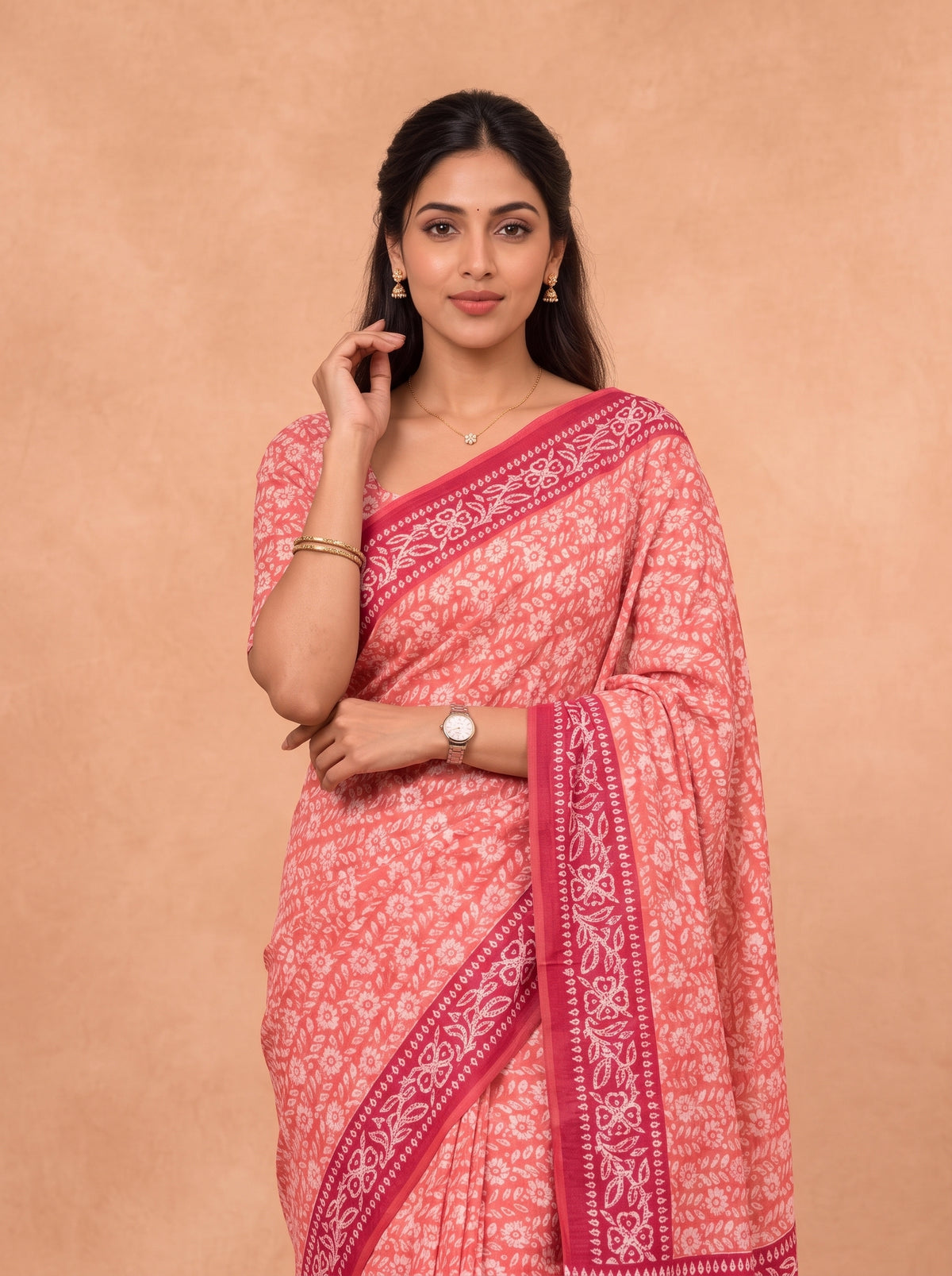 Women Cotton Red Printed Saree PCS306