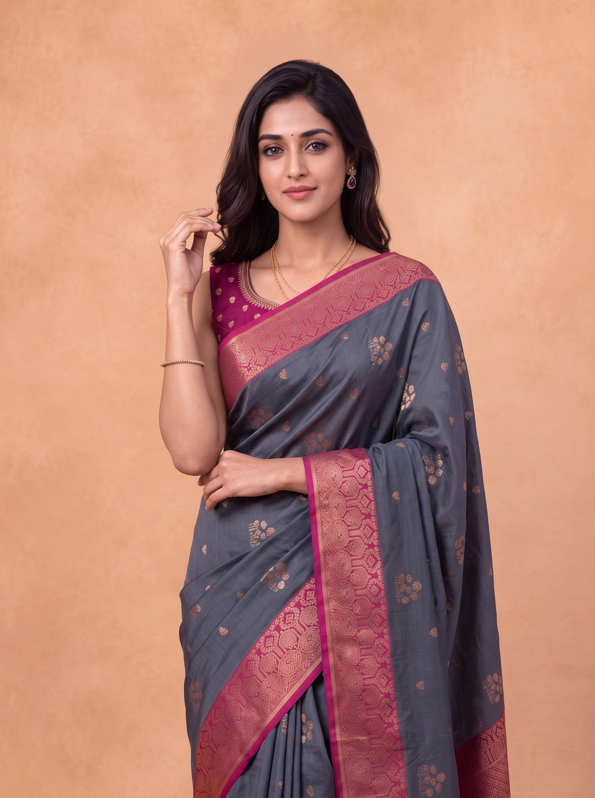 Women Soft Silk Steel Grey with Plum Saree SS428