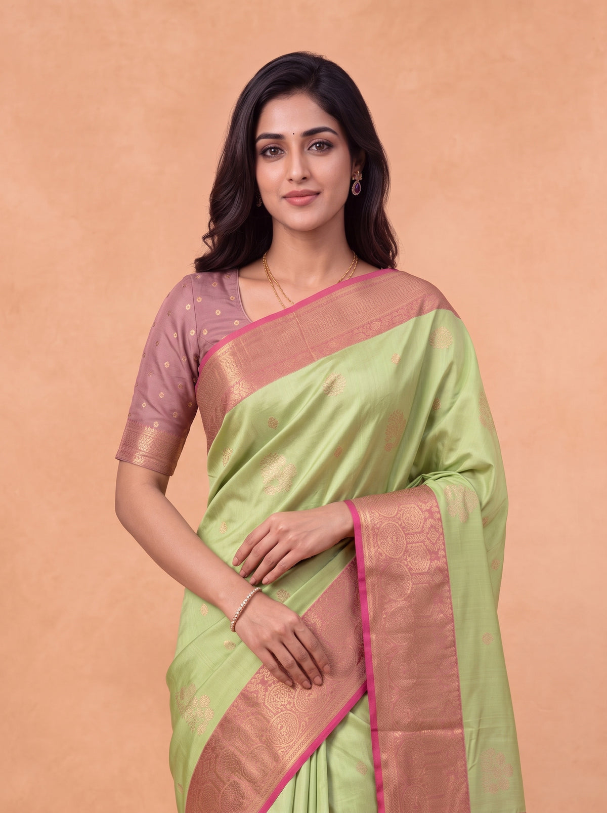 Women Soft Silk Pista Green with Pink Saree SS431