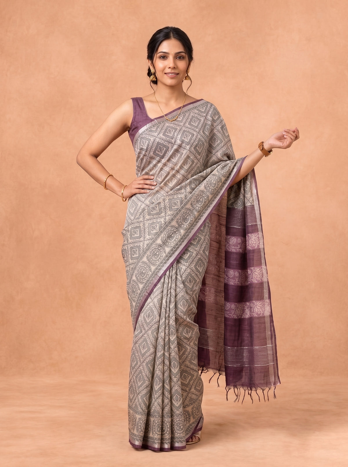 Women Semi Tussar Purple Saree ST375