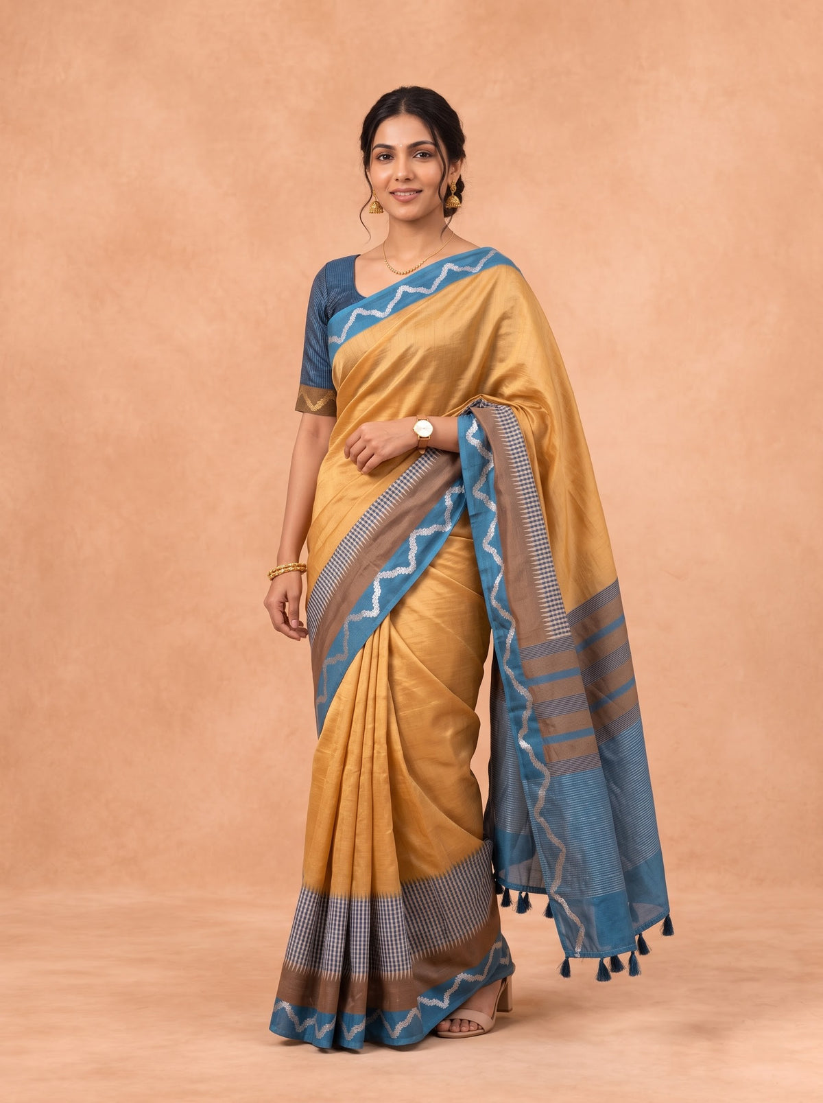 Women Semi Tussar Mustard Saree ST370