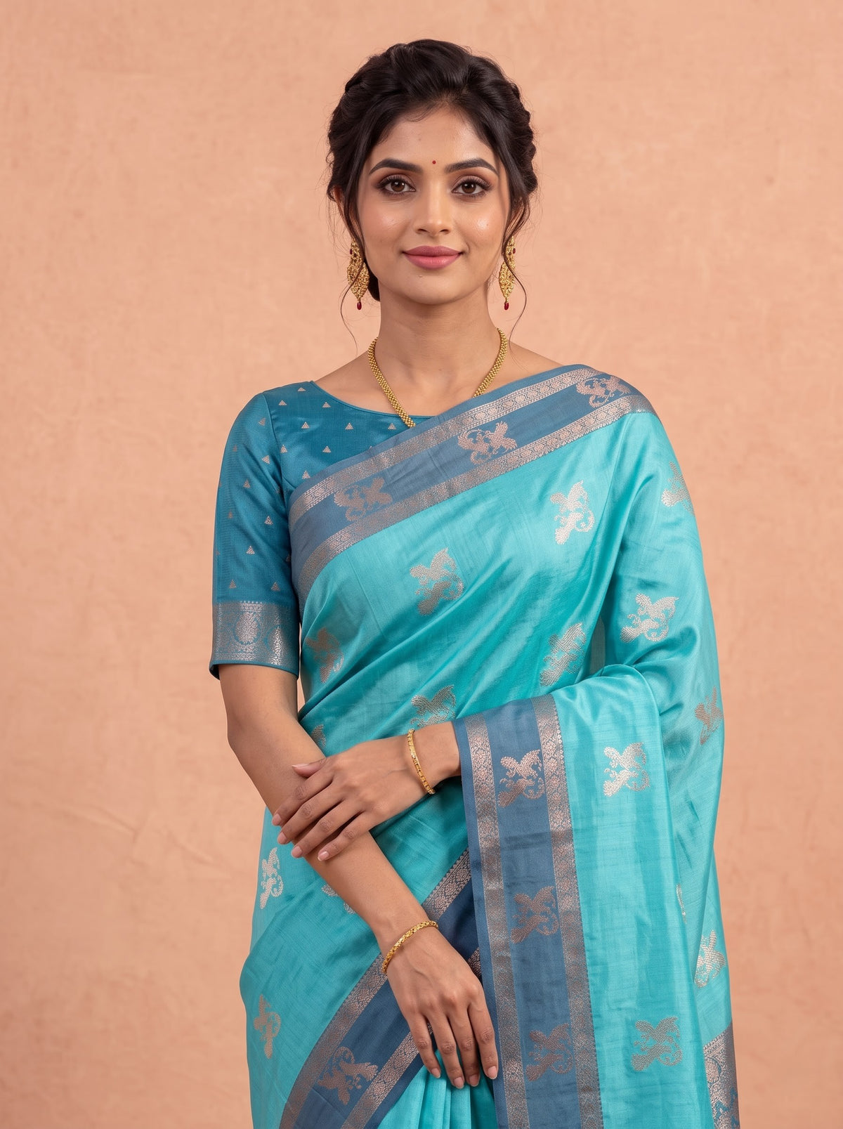 Women Soft Silk Bright Teal With Dark Blue Saree SS423