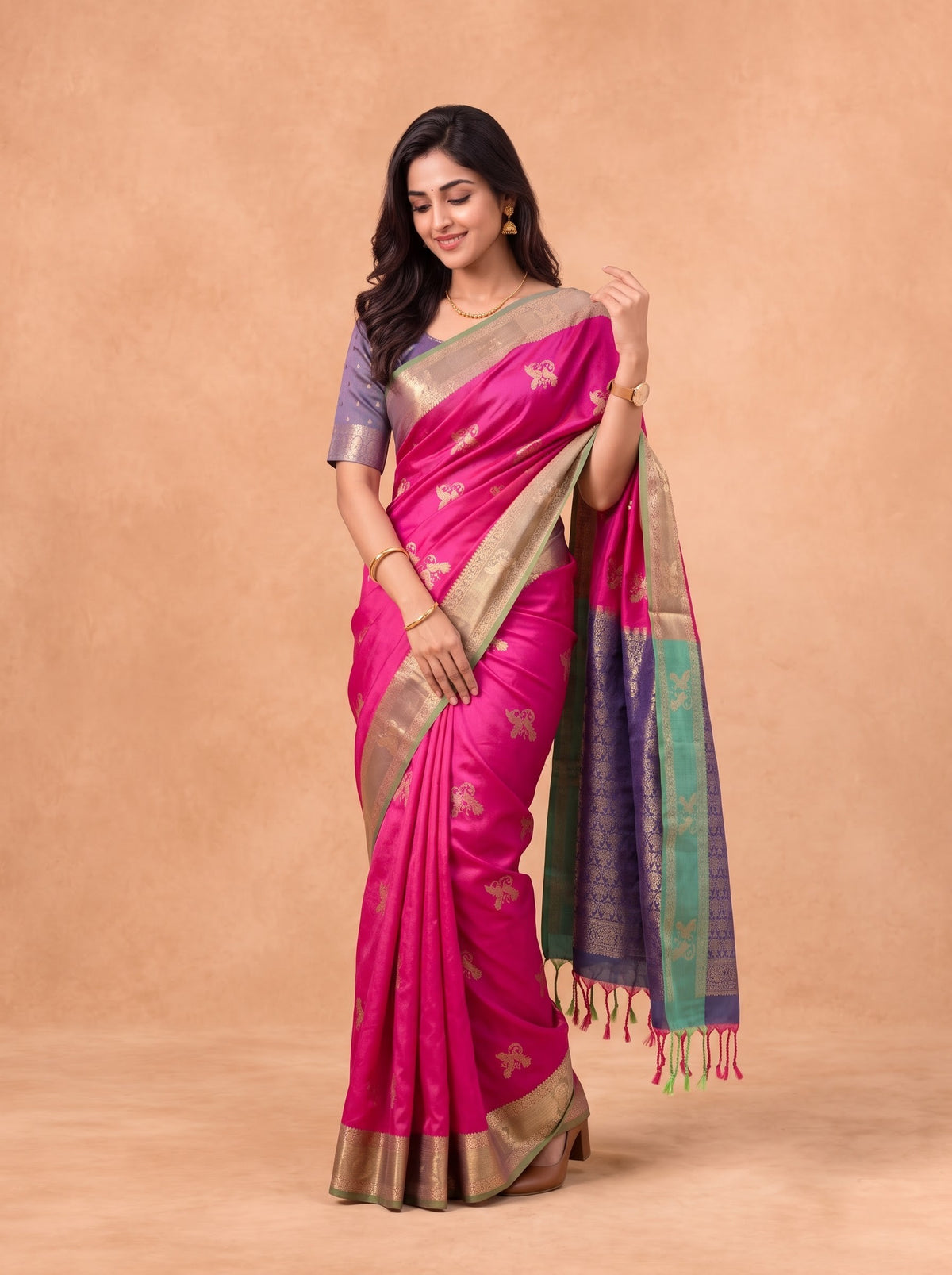 Women Soft Silk Pink With Green Saree SS427